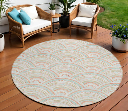 8' Linen Orange And Ivory Round Geometric Washable Indoor Outdoor Area Rug