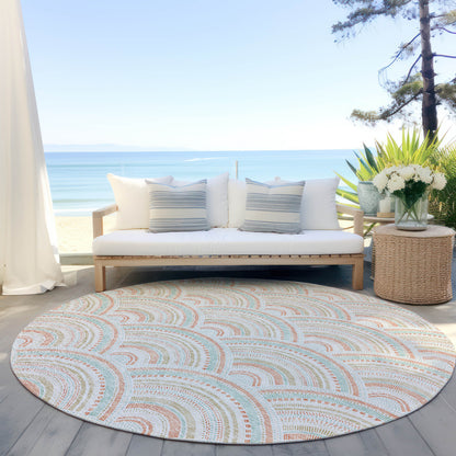 8' Linen Orange And Ivory Round Geometric Washable Indoor Outdoor Area Rug