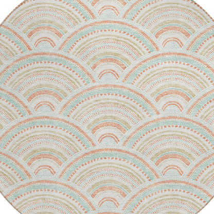 8' Linen Orange And Ivory Round Geometric Washable Indoor Outdoor Area Rug