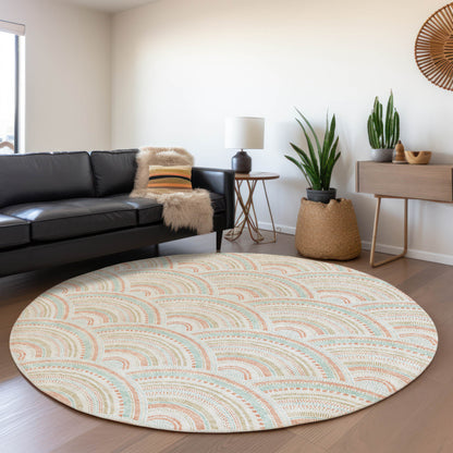 8' Linen Orange And Ivory Round Geometric Washable Indoor Outdoor Area Rug