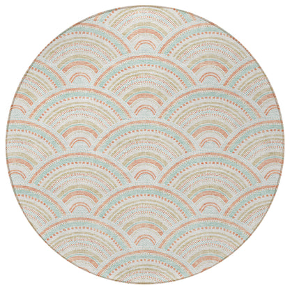 8' Linen Orange And Ivory Round Geometric Washable Indoor Outdoor Area Rug