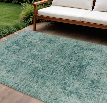 3' X 5' Artichoke Green And Teal Blue Oriental Washable Indoor Outdoor Area Rug