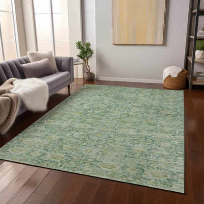 3' X 5' Artichoke Green And Teal Blue Oriental Washable Indoor Outdoor Area Rug