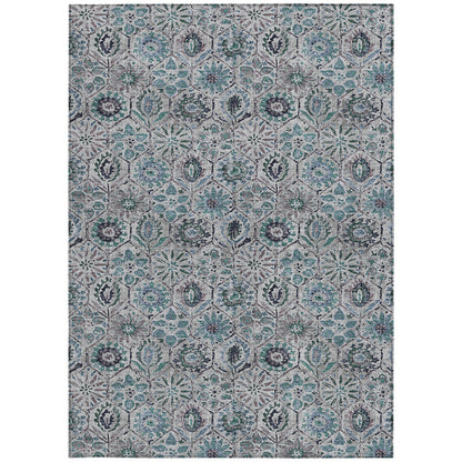 10' X 14' Teal Blue And Gray Floral Washable Indoor Outdoor Area Rug
