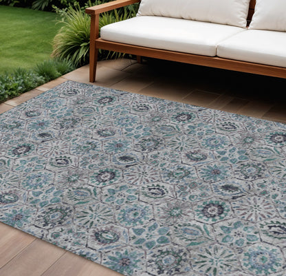 10' X 14' Teal Blue And Gray Floral Washable Indoor Outdoor Area Rug
