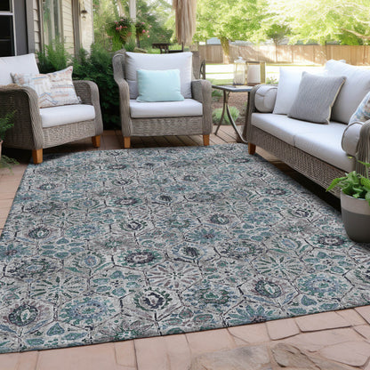 10' X 14' Teal Blue And Gray Floral Washable Indoor Outdoor Area Rug