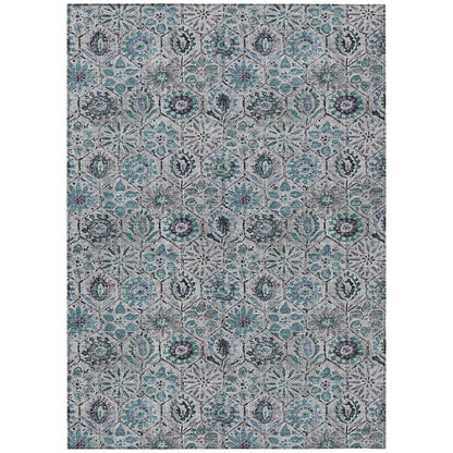 10' X 14' Teal Blue And Gray Floral Washable Indoor Outdoor Area Rug