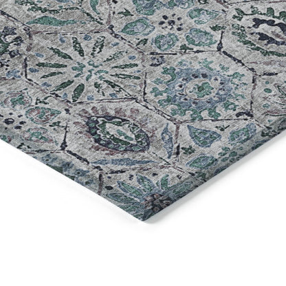 10' X 14' Teal Blue And Gray Floral Washable Indoor Outdoor Area Rug