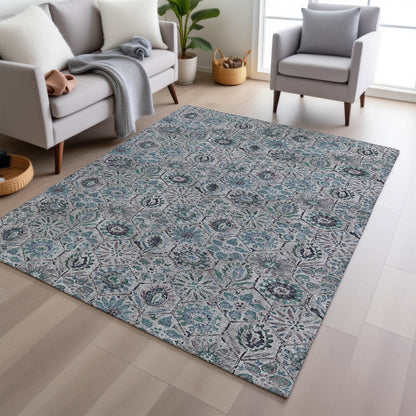 10' X 14' Teal Blue And Gray Floral Washable Indoor Outdoor Area Rug