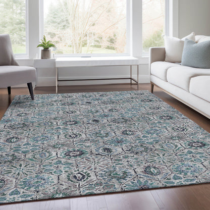 10' X 14' Teal Blue And Gray Floral Washable Indoor Outdoor Area Rug