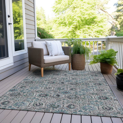 10' X 14' Teal Blue And Gray Floral Washable Indoor Outdoor Area Rug