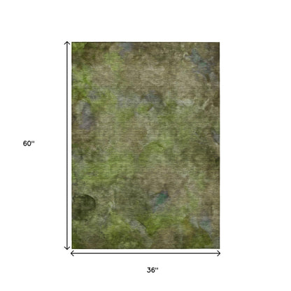 3' X 5' Olive Green And Gray Abstract Washable Indoor Outdoor Area Rug